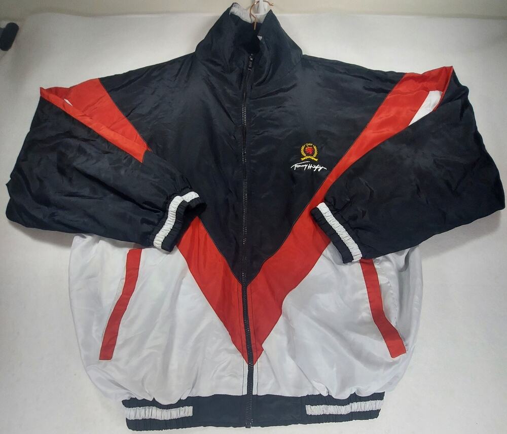 Vintage 90s Tommy Hilfiger Big Logo Crest Windbreaker Jacket Large Spellout Back
